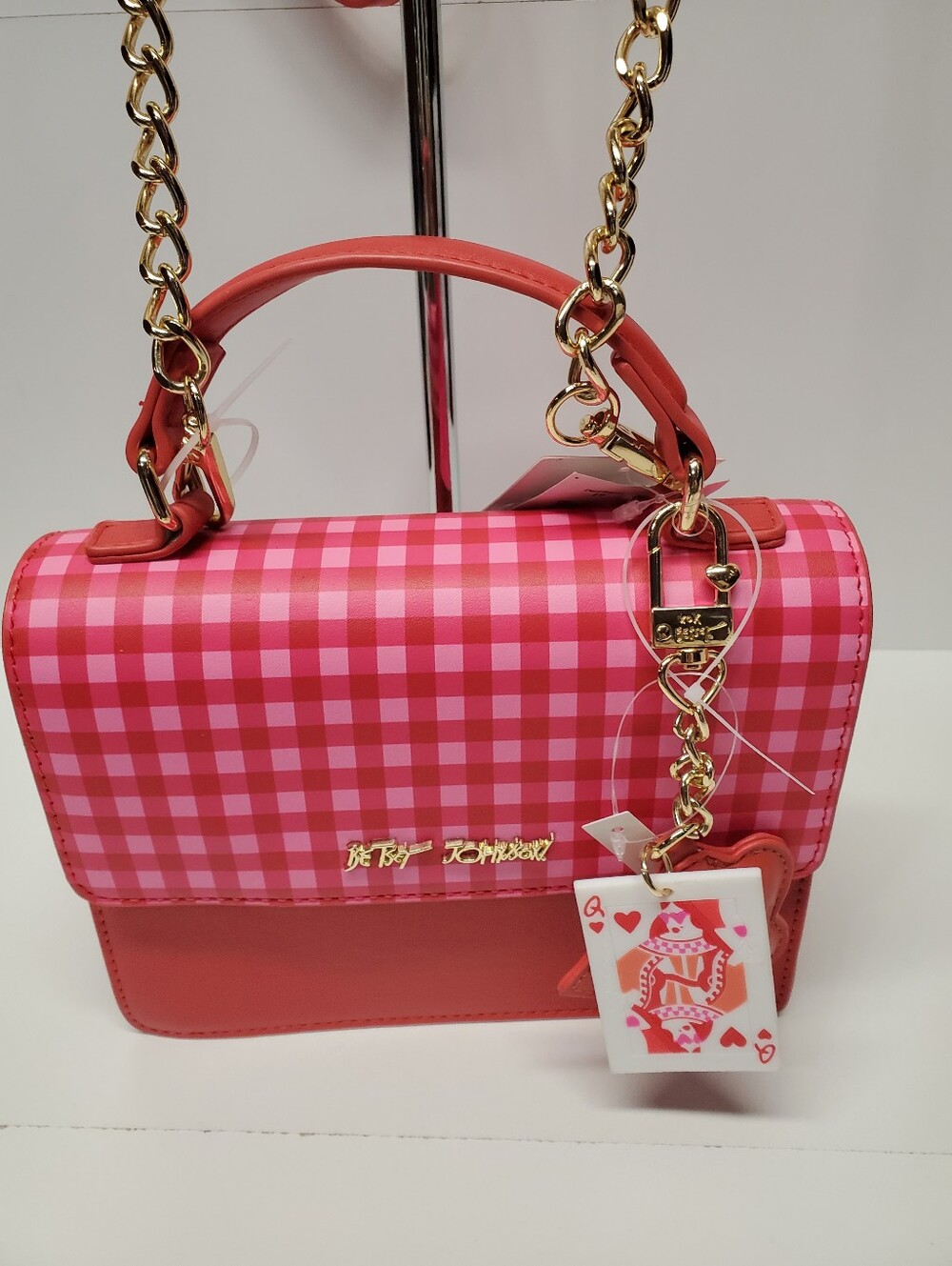Betsey Johnson Pink Gingham Satchel with Gold Chain